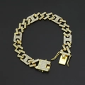 Pulsera cubana de 11mm bañada en oro con cristales pavé y cierre de hebilla cuadrada - 20.5CM / Dorado