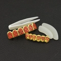 Hip-hop vergulde gebitssieraden met rode strass-steentjes, pincet en siliconen strips - Goud Rood Strass Boven En Onder