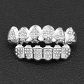 Hip hop silver 18K plated teeth grillz set with poker motifs and sparkling rhinestones - Poker Rhinestone And Lower Eight Diamond Set / Silver
