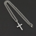 Detailed view of silver hip hop cross pendant with sparkling rhinestones and cuban chain - Silver Cross Pendant (Fixed Buckle) With 60CM Cuban Chain