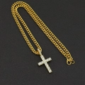 Macro shot of gold-plated iced-out cross pendant with sparkling crystals and cuban chain - Gold Cross Pendant (Fixed Buckle) With 60CM Cuban Chain