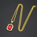 Hip hop style gold rope chain necklace with a square red gemstone pendant and white crystals - Rope Chain Necklace / Gold Necklace + Red Pendant