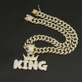Collana cubana dorata con pendente lettera KING e corona in stile Hip Hop ghiacciato - Pendente Oro con Catena Cubana 45cm