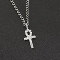Silver Ankh cross pendant necklace with clear crystals on a silver curb chain - Silver Ankh Cross (Fixed Buckle) With 60CM Cuban Chain