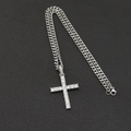 Silver iced-out cross pendant with cubic zirconia stones on a curb chain necklace - Silver Cross Pendant (Live Buckle) With 60CM Cuban Chain