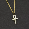 Hip hop gold plated ankh cross pendant with sparkling crystals on rope chain - Gold Ankh Cross (Fixed Buckle) With 60CM Rope Chain