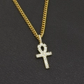 Hip hop golden Ankh cross pendant necklace with clear zircons and cuban chain - Gold Ankh Cross (Fixed Buckle) With 60CM Cuban Chain