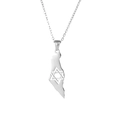 Close-up of silver stainless steel Israel map pendant necklace with Star of David cutout - Hollow Star of David Style / Steel