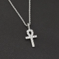 Silver tone iced out Ankh cross pendant necklace with sparkling stones on twisted rope chain - Silver Ankh Cross (Fixed Buckle) With 60CM Rope Chain