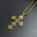 Gold Saint Benedict cross necklace for men with circular medals and box chain pendant - Gold