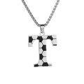 Détail du pendentif lettre T en acier inoxydable argenté avec motif football et chaîne - Collier Lettre T Football