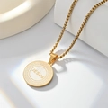 Golden Jesus pendant necklace with Greek key pattern and box chain on white display - Gold JESUS Box Pearl Necklace / Gold