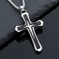 Collar de cruz de doble capa con diamante central y acabado de acero inoxidable negro - Negro