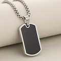 Detail of a men's stainless steel dog tag pendant with black matte inlay on box chain - Black Silver