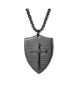 Detail view of black stainless steel shield pendant with engraved cross and bible verse - Black