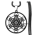Collier avec pendentif cube de Métatron géométrique en acier inoxydable noir mat unisexe - Noir