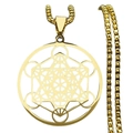 Collier en acier inoxydable doré avec pendentif Cube de Métatron et géométrie sacrée - Or
