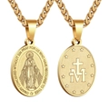 Double-sided gold Virgin Mary and Cross oval pendant necklace in stainless steel - Miraculous Medal (With Chain) / Gold