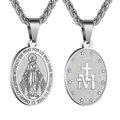 Double-sided religious cross medallion necklace in stainless steel with Mary portrait - Miraculous Medal (With Chain) / Steel