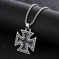 Vintage stainless steel iron cross pendant necklace with black enamel inlay and pearl chain - Silver Enamel Necklace