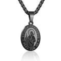 Macro detail of black stainless steel St. Jude Thaddeus religious pendant necklace - Saint Jude Style / Black