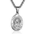 Saint Joseph religious oval pendant necklace in polished steel with woven chain - Saint Joseph Style / Silver