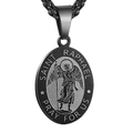 Detail of Saint Raphael engraving on black oval stainless steel pendant necklace - Saint Raphael Style / Black