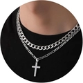 Double-layered stainless steel Cuban chain necklace with cross pendant for men and women - Silver Set