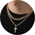 Close-up of double-layered gold Cuban and Figaro chain necklace with a cross pendant - Gold Set