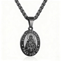 Detail of matte black Saint Francis oval pendant with engraved pray for us text and chain - Black