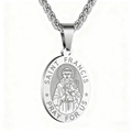 Saint Francis silver stainless steel oval pendant necklace with a detailed relief design - Silver