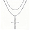 Ensemble de collier double couche hip hop pour hommes avec pendentif croix serti de diamants - Croix Double Couche / Argenté