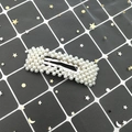 Detailed view of rectangular pearl hair clip with white pearls on silver metal base - Square Style (C2102) / Silver