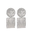 Detail of silver geometric earrings with embossed coins and textured wavy rectangle pendants - Silver