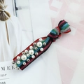 Rainbow striped glitter hair tie with white faux pearls and silver metallic beads decor - Rainbow Stripes (F5202)