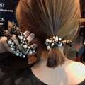 Chic leopard print bow hair tie featuring elegant pearls and silver bead accents for women - Leopard Print (B8213)