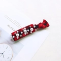Red plaid fabric hair scrunchie with white pearls and silver metal rivets detail - Red and Black Plaid (B8215)