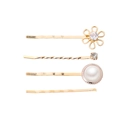 Detail of four-piece gold hair clip set with pearls, rhinestones, and floral designs - Flower Pearl Combination (B4414)