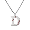 Silver stainless steel letter D necklace with red baseball stitching texture and round box chain - Steel D / Pearl-Style Link Chain