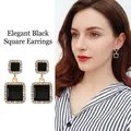 Elegante zwarte vierkante oorknopjes met goudkleurig montuur en witte strass - Vintage Dubbele Vierkante Oorhangers Stijl (B7408)