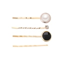 Golden 4-piece hair clip set featuring faux pearl, black gemstone, and rhinestone accents - Black White Pearl Combination (B4426)