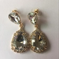 Detail of gold drop earrings featuring sparkling teardrop crystals and micro-pavé setting - Gold White