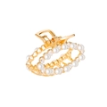 Detail view of mini gold alloy hair claw clip with pearls, rhinestones and heart cutouts - Double Ring Oval with Rhinestones / Oval Pearl Rhinestone Style (C4107)