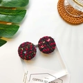 Detailed shot of round black and red plaid tweed earrings with gold metallic threads - Black Red (B2101)