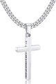 Macro view of side engraving on stainless steel cross pendant with a Cuban link chain - Polished Cross 3:1 Silver Necklace
