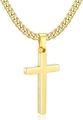Macro detail of gold cross pendant with side engraving Be Strong and Courageous text - Polished Cross 1:9 Gold Necklace