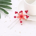 Handmade red flower U-shaped hair pin with pearls and silver metal fork design - Red (B9515)