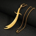 Gold stainless steel Zulfiqar sword necklace with Arabic calligraphy on box chain - Gold
