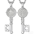 Collar con colgante de llave Medalla de San Benito en acero inoxidable con diseño de doble cara - Collar Llave Exorcista Plata