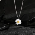 Daisy flower pendant necklace with white enamel petals and silver box chain - Titanium Steel Snake Bone Chain Daisy Necklace